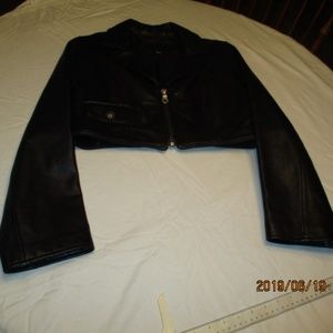 Cropped leather motorcycle jacket